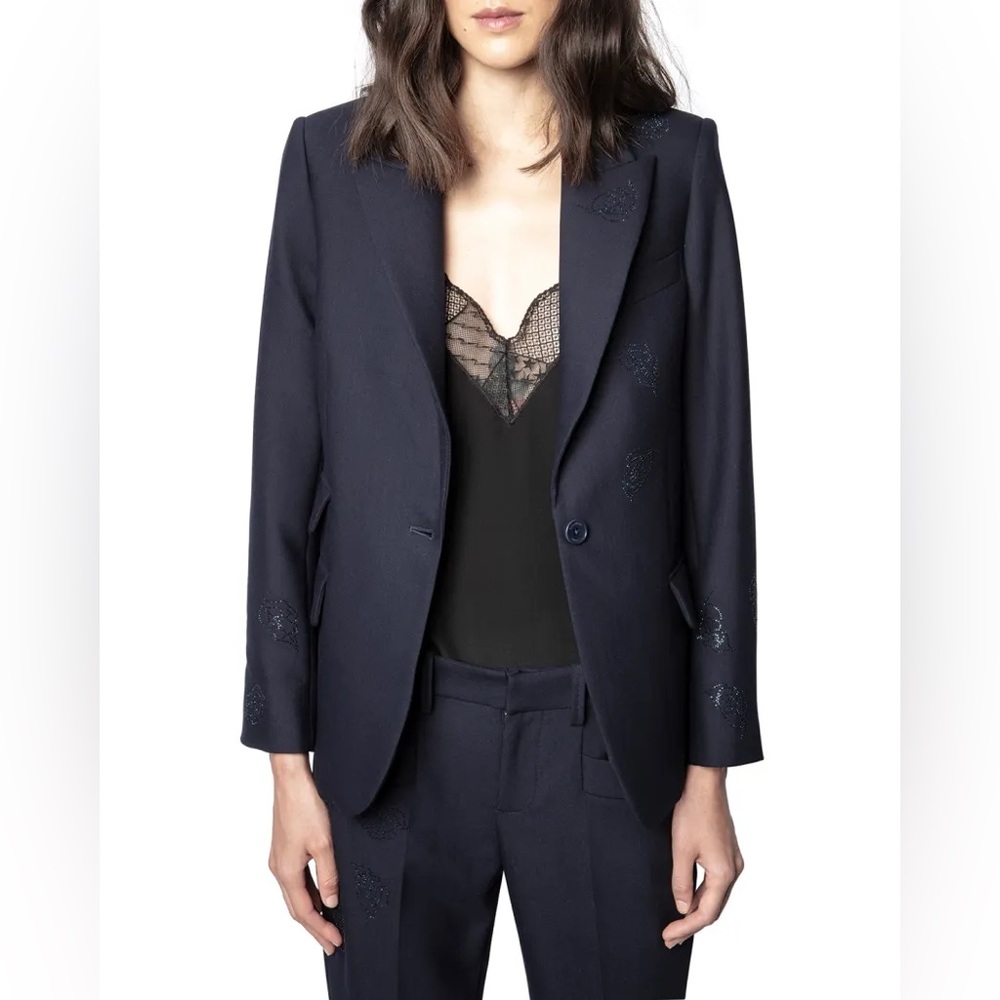 NWT Zadig & Voltaire Venus Strass Leaf Blazer (Size 6/Size 38) in color navy